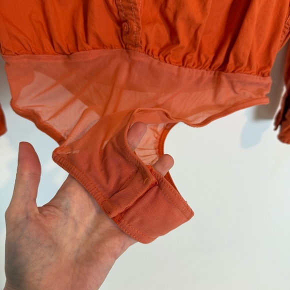 Free People POWER MOVE Button Down Woven Bodysuit orange red SZ L cotton - Picture 5 of 11